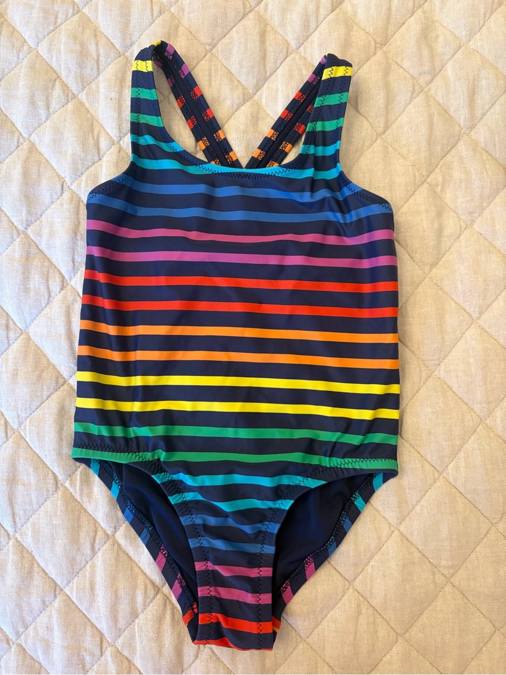 Primary Navy One-Piece Swimsuit with Rainbow Stripes